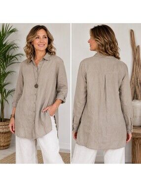 Vintage SIDEFFECTS Beige Linen Tunic Blouse L Lagenlook Coastal Peasant Top